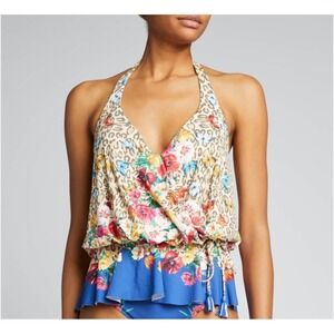 JOHNNY WAS Bella Drawstring Halter Tankini Top Animal Print Small